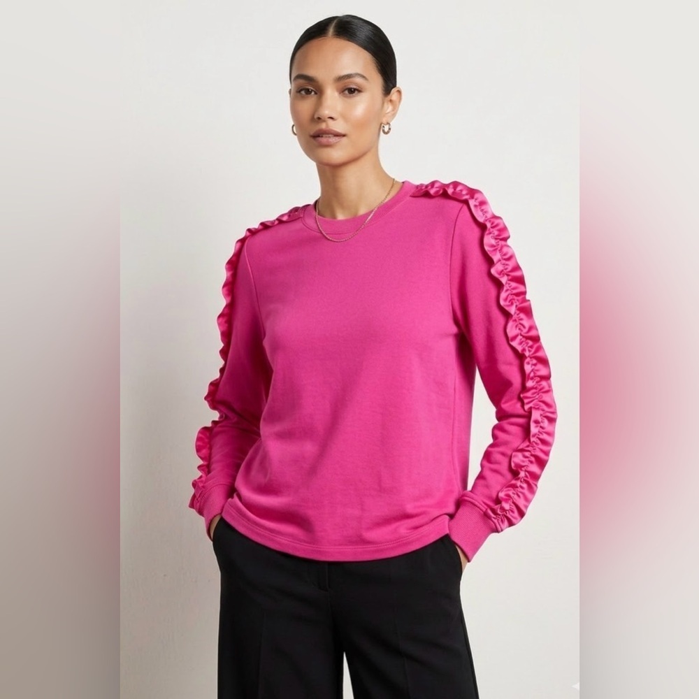 Jason Wu Ruffled Sweatshirt Womens Hot Pink Crewneck Pullover Artsy Quirky XL